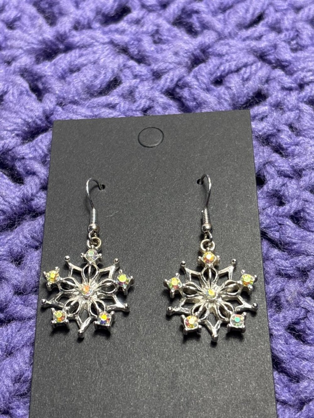 Silvertone AB Aurora Borealis Rhinestone Snowflake Dangle Earrings 1 inch